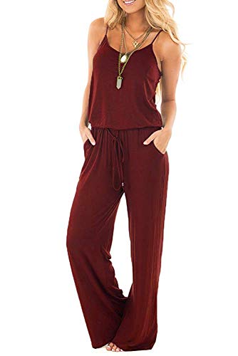 Smile Fish Damen Sommer Lange Jumpsuit Rundhals Overall Kordelzug Casual Hosenanzug ?rmellos Romper von Smile Fish