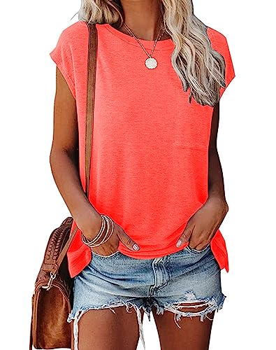 Smile Fish Damen-Sommer-Shirt, Kurze Flügelärmel, einfarbig, lockere Passform, Tunika-Oberteil, Einfarbiges Neon-Orange-Rot, Small von Smile Fish