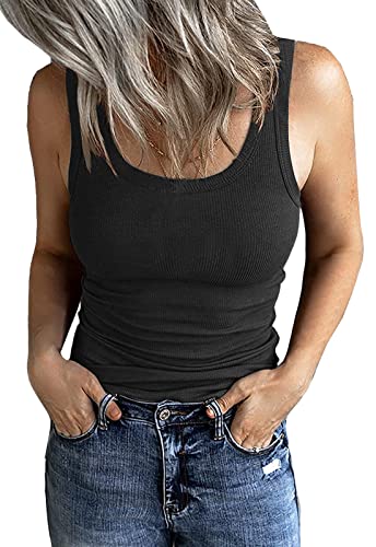 Smile Fish Damen Sommer Rippstrick Tank Top U-Ausschnitt Ärmellose Weste, Schwarz , M von Smile Fish