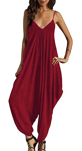 Smile Fish Damen Strappy Baggy Harem Jumpsuit Knöchellanger, ärmelloser Spielanzug mit Beinen(Weinrot,S) von Smile Fish