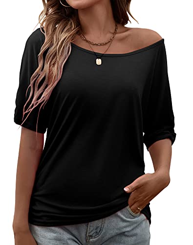 Smile Fish Damen-T-Shirt, leger, übergroß, sexy Lippen-Druck, schulterfrei, B-Solid Black, 5X-Groß von Smile Fish