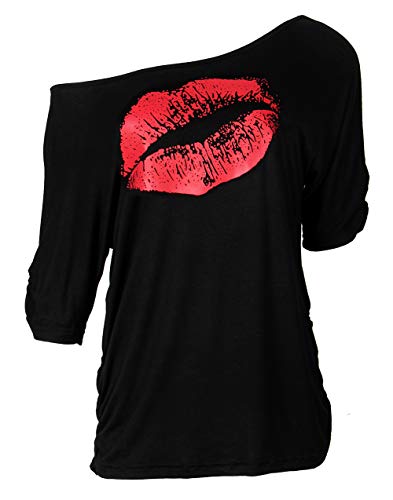 Smile Fish Damen-T-Shirt, schulterfrei, übergroß, sexy Lippen-Druck, schulterfrei - Rot - 5X-Groß von Smile Fish