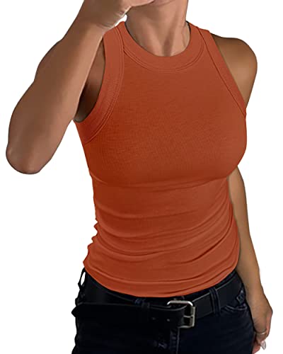 Smile Fish Damen ärmellos Racerback High Neck Tank Top Casual Basic Fitted Weste,Orange,L von Smile Fish