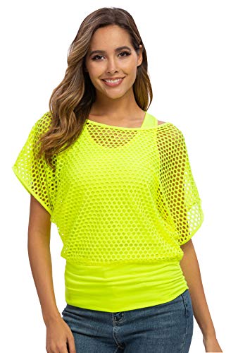 Smile Fish Frauen Tops beiläufiges Neonfarbe T-Shirt Damen Netzoberteil Sommertop Fasching Karneval Partytop (01#neongrün, 32) von Smile Fish