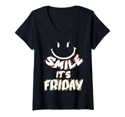 Damen Smile It's Friday Happy Friday Geschenk Wochenende Kinder Männer Frauen T-Shirt mit V-Ausschnitt von Smile It's Friday Gift Idea Kids Men Women Friday