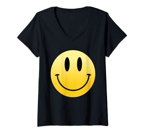 Damen Gelbes Lächeln Happy Peace Lächelndes Gesicht Süßer Humor Fantastisch T-Shirt mit V-Ausschnitt von Smile Positive Happy Face Apparel