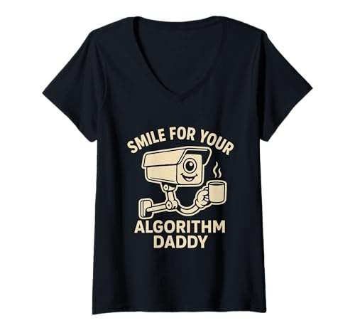 Damen Smile for Your Algorithmus Daddy - Lustige Cartoon-Sicherheitskamera T-Shirt mit V-Ausschnitt Damen Smile for Your Algorithmus Daddy - Lustige Cartoon-Sicherheitskamera T-Shirt mit V-Ausschnitt von Smile for Your Algorithm Daddy Dystopian
