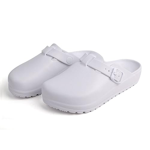 Klassische Clogs für Erwachsene, weiche Unterseite, verstellbare Schnalle, Hausschuhe, für drinnen und draußen, leicht, Arbeitsclog für Labor, Arzt, Krankenschwester, Weiß, weiß, 38/39 EU von Smile lab