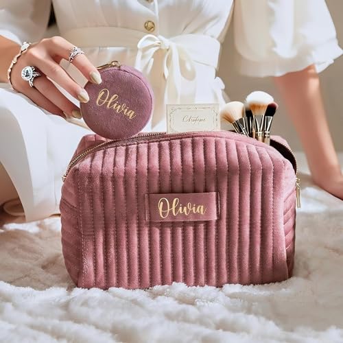 Personalisierte Kosmetiktasche mit Namen Cord Kleine Make up Tasche mit Schmuckkästchen Mädchen Tragbare Reise-Kulturbeutel für Toilettenartikel Organizer Geburtstag Brautjungfer Geschenk für Frauen von Smile lab