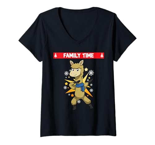 Damen Family Time Weihnachten Lama Familie T-Shirt mit V-Ausschnitt von SmileToday Weihnachten Familien Outfits