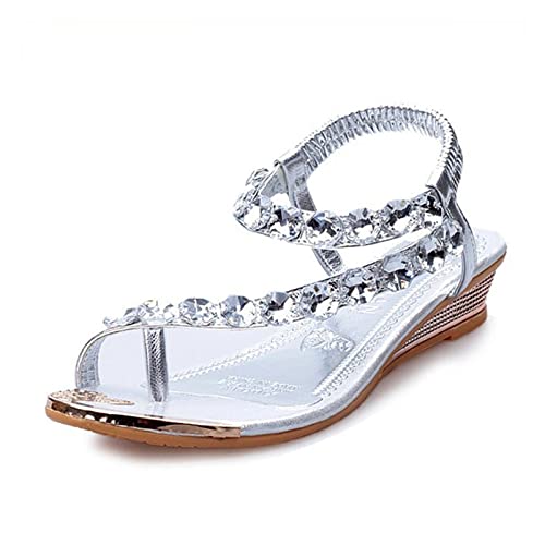 Smileader Bohemian Wind Sandalen weiblich lässig Blume Strand Schuhe flachen Boden Flip-Flops Damen Sommer Hang mit glitzernden Diamant Sandalen（silver-39） von Smileader