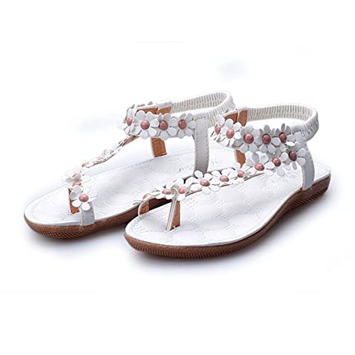 Smileader Bohemian Wind Sandalen weiblich lässig Blume Strand Schuhe flachen Boden Flip-Flops Damen Sommer Hang mit glitzernden Diamant Sandalen（white-38） von Smileader