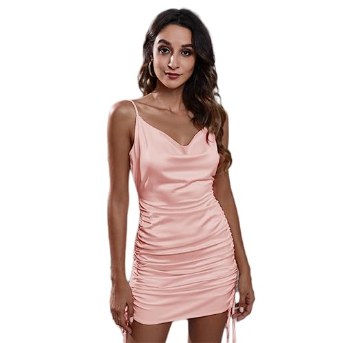 Smileader Damen Rückenfreies Kleid Satin Drawstring Plissiertes Schlankes Kleid V-Ausschnitt Halter Kleid für Frauen Party Nachtclub Sexy Frauenkleider （pink-S） von Smileader