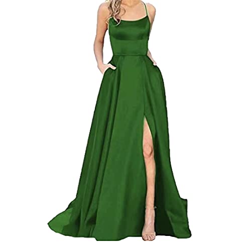 Smileader Damen Abendkleid lang - Elegant und Sexy, A-Linie Kleid mit Taschen, Backless, Schulterfrei, Satin und Seitenschlitz, ideal für Hochzeit, Brautjungfer, Cocktailparty und mehr von Smileader