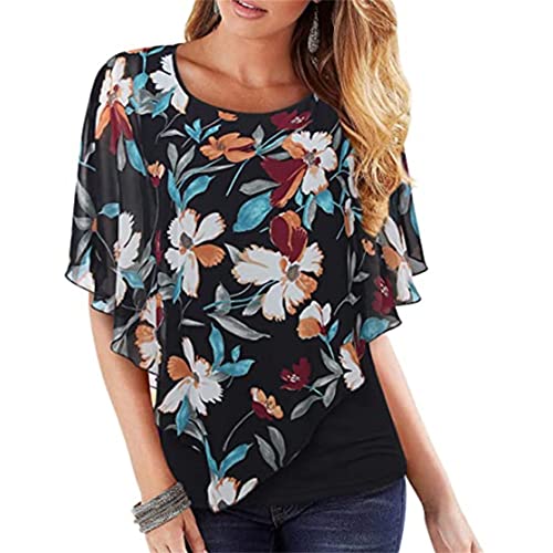 Smileader Damen Chiffon Tunika Bluse mit Blumenmuster,latternden Ärmeln und Doppellagigem Poncho-Stil-Lose Fledermaus-Design aus leichtem Material mit elegantem Rundhalsausschnitt von Smileader