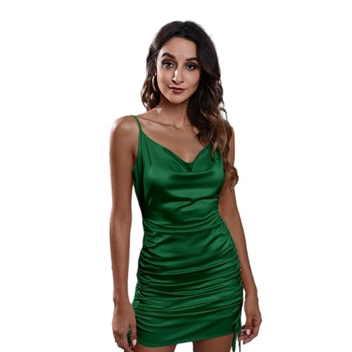 Smileader Damen Rückenfreies Kleid Satin Drawstring Plissiertes Schlankes Kleid V-Ausschnitt Halter Kleid für Frauen Party Nachtclub Sexy Frauenkleider （Green-L） von Smileader