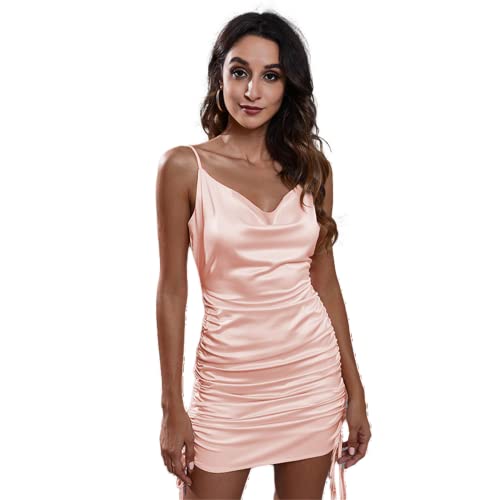 Smileader Damen Rückenfreies Kleid Satin Drawstring Plissiertes Schlankes Kleid V-Ausschnitt Halter Kleid für Frauen Party Nachtclub Sexy Frauenkleider （pink-L） von Smileader