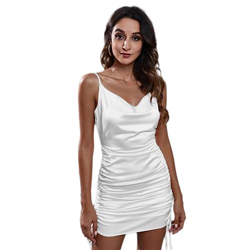 Smileader Damen Rückenfreies Kleid Satin Drawstring Plissiertes Schlankes Kleid V-Ausschnitt Halter Kleid für Frauen Party Nachtclub Sexy Frauenkleider （White-L） von Smileader