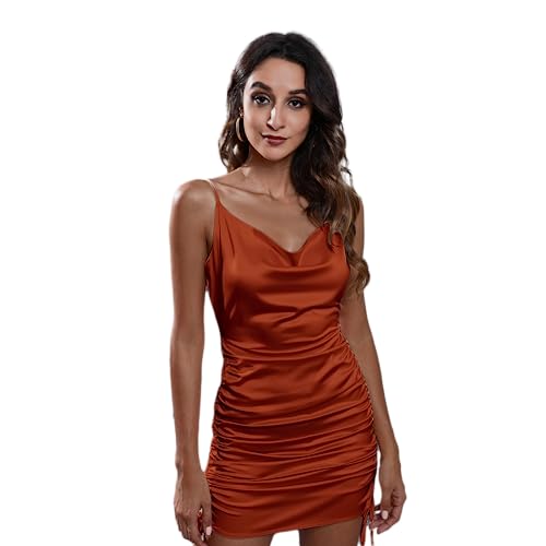 Smileader Damen Rückenfreies Kleid Satin Drawstring Plissiertes Schlankes Kleid V-Ausschnitt Halter Kleid für Frauen Party Nachtclub Sexy Frauenkleider（Brickred-M） von Smileader