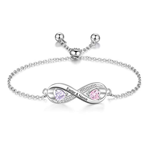 Personalisiert Silber Charme Armbänder zum Frau Mädchen Liebe Unendlichkeit Armbänder Kristall Einstellbar Kette Angepasst Geburtstag Mütter Tag Geschenke 2 Simuliert Geburtsstein und Graviert 2 Name von Smileface