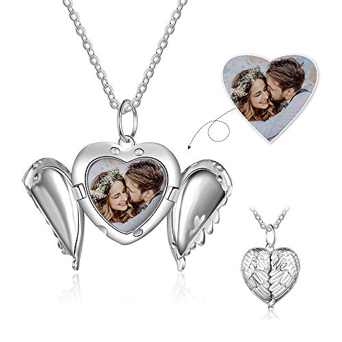 Personalisiert Sterling Silber Medaillon Halskette Engel Flügel Angepasst Foto Herz Anhänger Halsketten zum Frauen Mädchen Charme Schmuck Geschenk Bild Gravur Text Andenken Vorhanden Kette von 18 Zoll von Smileface