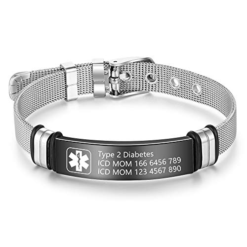 Smileface Personalisiertes Medizinisches Armband für Frauen und Männer, Edelstahl, Einstellbar, Gravierbar, Notfall-Informationen, Silber von Smileface