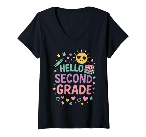 Damen Hallo, zweite Klasse, süßes Pastell, zurück zur Schule T-Shirt mit V-Ausschnitt Damen Hallo, zweite Klasse, süßes Pastell, zurück zur Schule T-Shirt mit V-Ausschnitt von Smiles Crayons And Second Grade Stars