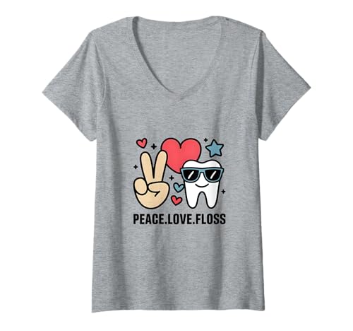 Damen Peace Love Floss Zahnhygieniker-Assistent Zahnarzt T-Shirt mit V-Ausschnitt Damen Peace Love Floss Zahnhygieniker-Assistent Zahnarzt T-Shirt mit V-Ausschnitt von Smiles and Styles