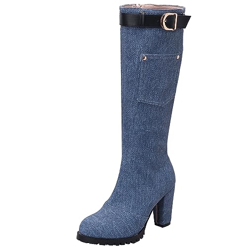 Smilice Damen Blockabsatz Lange Stiefel Reißverschluss Kniehohe Bikerstiefel (Dunkelblau,47) von Smilice