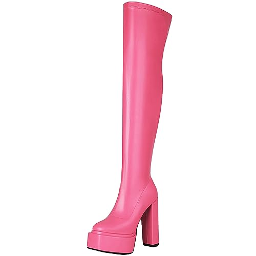 Smilice Damen Blockabsatz Overknee Stiefel mit Reißverschluss und Plateau (Rosa,46) von Smilice