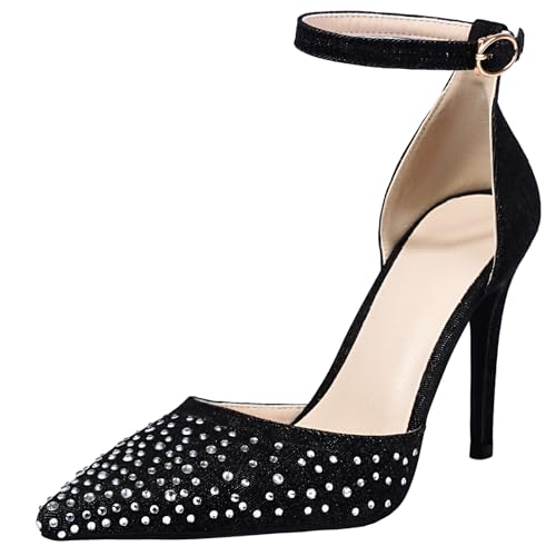 Smilice Damen Elegante Stilettoabsatz Strass Pumps Spitze Zehenabsätze mit Knöchelschnalle (Schwarz,46) von Smilice