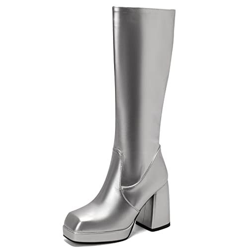 Smilice Damen Hoher Blockabsatz Biker Lange Stiefel mit Plateau (Silber,37) von Smilice