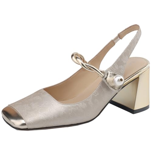 Smilice Damen Klobigen Fersen Dress Schuhe Leder Slip-On Pumps mit Eckiger Spitze (Champagner,36) von Smilice