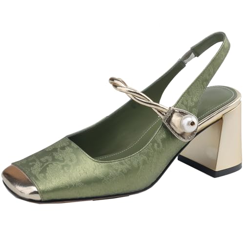 Smilice Damen Klobigen Fersen Dress Schuhe Leder Slip-On Pumps mit Eckiger Spitze (Grün,33) von Smilice