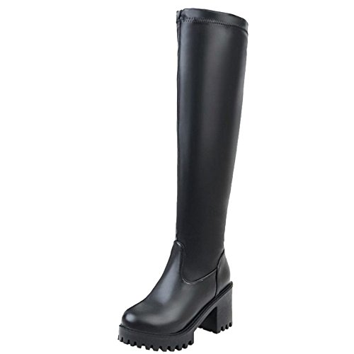 Smilice Damen Knie Hoch Stiefel mit Blockabsatz Runde Zehe Plateau Langschaft Stiefel (Black, 39 EU) von Smilice
