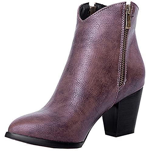 Smilice Damen Knöchelriemchen mit Blockabsatz Spitze Toe Reißverschluss Stiefeletten (Dunkelbraun, 36 EU) von Smilice