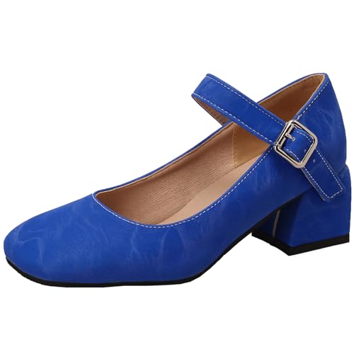 Smilice Damen Knöchelschnalle Runde Zehen Pumps Blockabsatz Mary Jane Schuhe (Blau,39) von Smilice