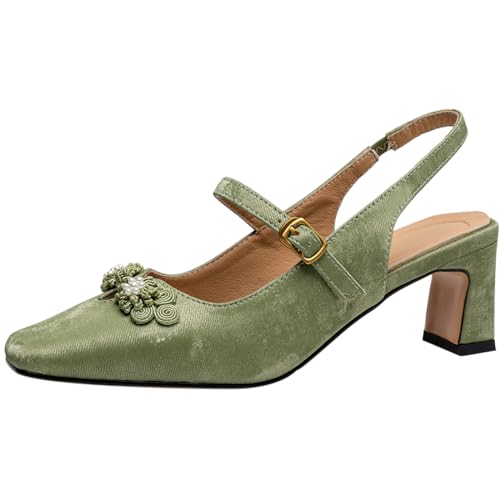 Smilice Damen Leder Pumps Klobigen Fersen Dress Schuhe mit Eckiger Spitze (Grün,33) von Smilice