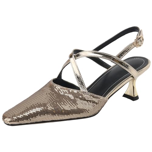 Smilice Damen Leder Sandalen mit Absatz Kreuzriemen Anzugschuhe mit Quadratischer Spitze (Golden,36) von Smilice