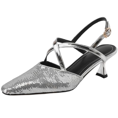 Smilice Damen Leder Sandalen mit Absatz Kreuzriemen Anzugschuhe mit Quadratischer Spitze (Silber,32) von Smilice