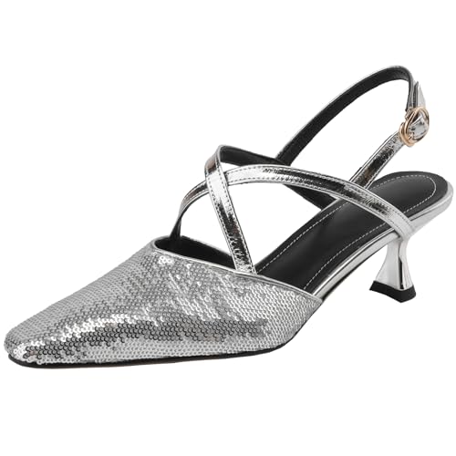 Smilice Damen Leder Sandalen mit Absatz Kreuzriemen Anzugschuhe mit Quadratischer Spitze (Silber,43) von Smilice