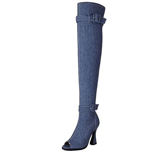 Smilice Damen Offene Zehen Overknee Stiefel Reißverschluss Lange Bikerstiefel (Dunkelblau,39) von Smilice