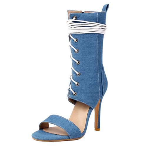 Smilice Damen Open toe Sandaletten - Absatz mit Schnürung und Reißverschluss (Blau, 37 EU) von Smilice