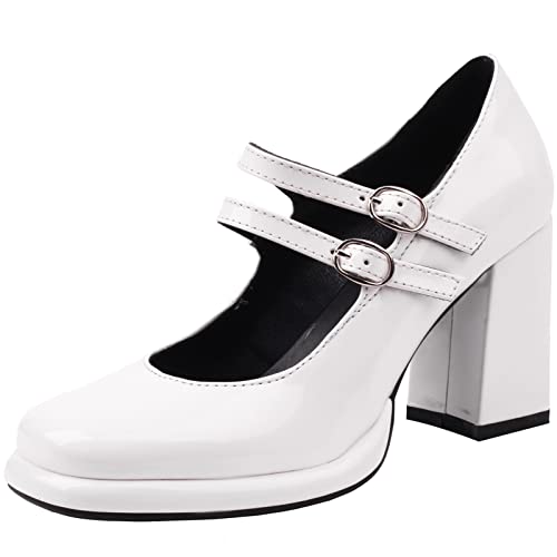 Smilice Damen Plateau Kleid Schuhe Doppelträger Mary Jane Pumps mit kleinem Absatz (Weiß,46) von Smilice