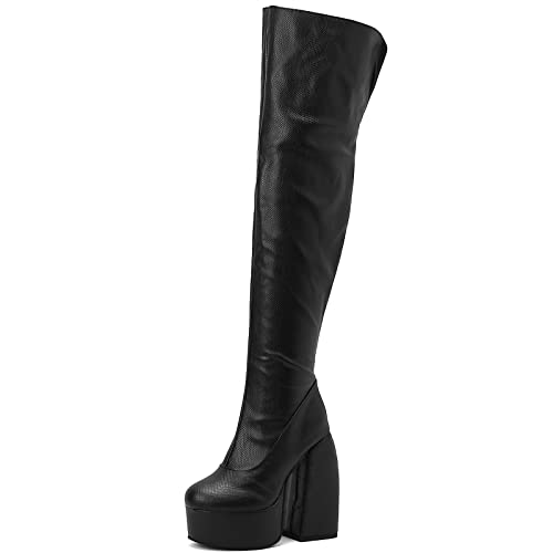 Smilice Damen Plateau Lange Stiefel mit Reißverschluss Winter über dem Knie Stiefel mit Super Chunky Heel (Schwarz, 43) von Smilice