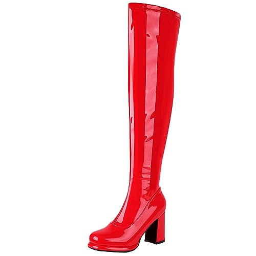 Smilice Damen Plateau-Overknee-Stiefel mit Reißverschluss und klobigen Absatz (Rot,45) von Smilice