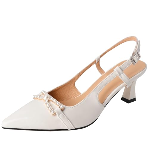 Smilice Damen Sandalen aus Leder mit Absatz und Spitzer Zehenpartie Slingback-Anzugschuhe (Beige,36) von Smilice