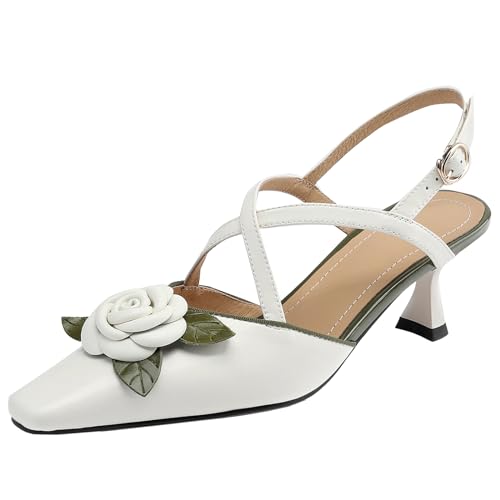 Smilice Damen Slingback-Ledersandalen mit Kitten Heel und Eckiger Zehenpartie (Weiß,32) von Smilice