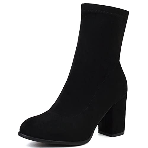 Smilice Damen-Sockenstiefel zum Hineinschlüpfen mit klobigem Absatz (Schwarz,37) von Smilice
