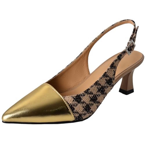 Smilice Damen Spitze Zehen Slingback Pumps Leder Anzugschuhe mit Schnalle (Golden,34) von Smilice